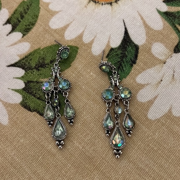 NWOT | Gorgeous Long Dangle Earrings | Blue & Green Iridescent Gems - Picture 3 of 4